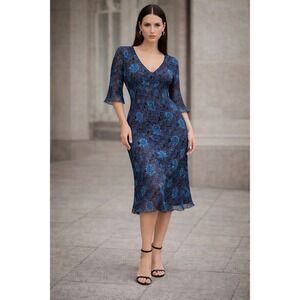 Eva Blue Floral Beaded Bias Midi Dress Size 12 Vintage 90s Y2K Whimsigoth Fairy